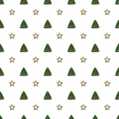 Hisse senedi illüstrasyon - Dikişsiz desen, Noel ağacı ve Golden star, 3d resim, beyaz arka plan.