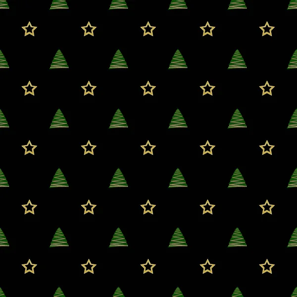 Stock Illustration - Seamless Pattern, Christmas tree and Golden star, 3D Illustration, Black Background. — Stock Photo, Image