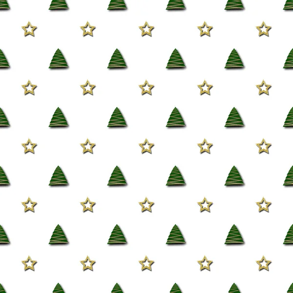 Ilustração de estoque - Padrão sem costura, Árvore de Natal e estrela dourada, Ilustração 3D, Fundo branco . — Fotografia de Stock