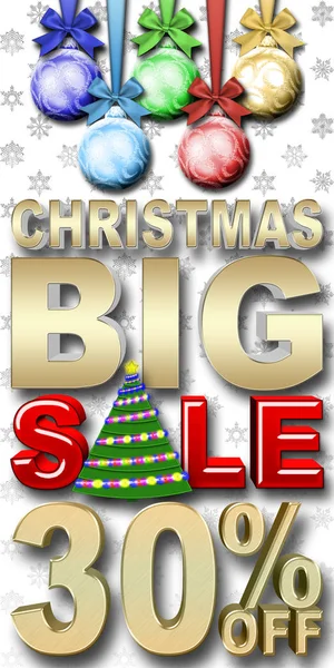 ストック イラスト - ゴールデン 30 パーセント オフ、ゴールデン クリスマス大きな赤販売、太字、分離された白背景、背景、3 d の図の白い雪. — ストック写真