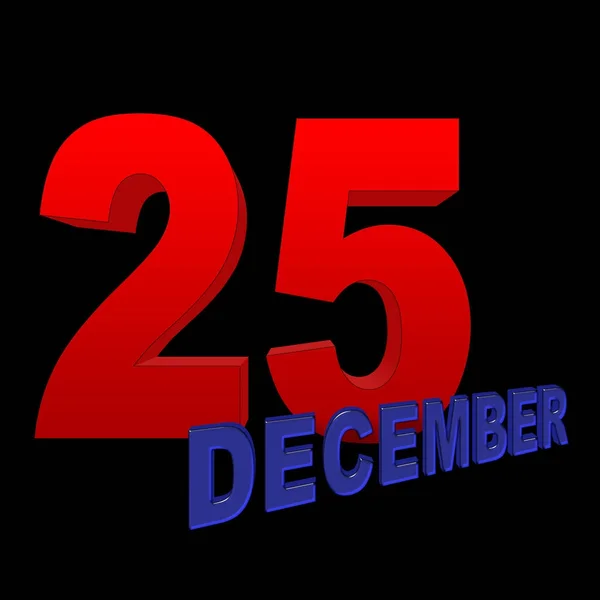 Aktienabbildung - rot fett 25, blau fett Dezember, 3D-Abbildung, schwarzer Hintergrund. — Stockfoto