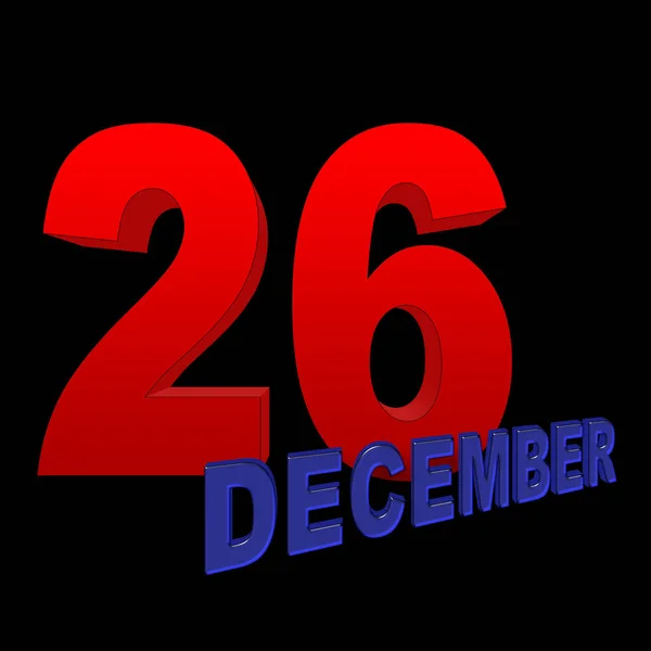 Stockowa ilustracja - czerwony pogrubiony 26, niebieski grudnia śmiały, 3d ilustracja, czarne tło. — Zdjęcie stockowe