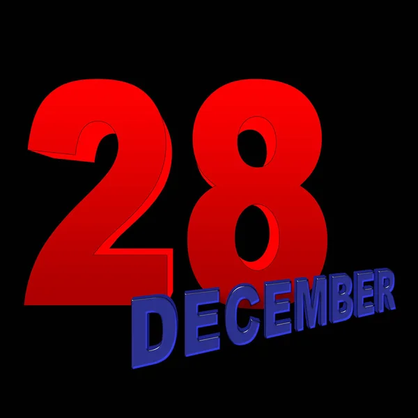 Aktienabbildung - rot fett 28, blau fett Dezember, 3D-Abbildung, schwarzer Hintergrund. — Stockfoto