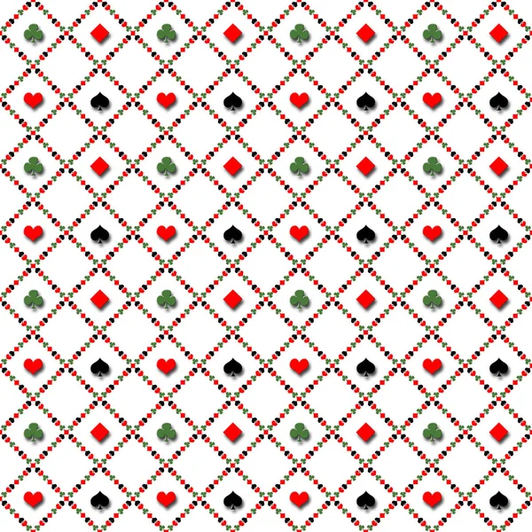 Illustrazione Stock - Schema Simboli di carte da gioco senza soluzione di continuità, nero, rosso e verde, Illustrazione 3D, isolato sullo sfondo bianco . — Foto Stock