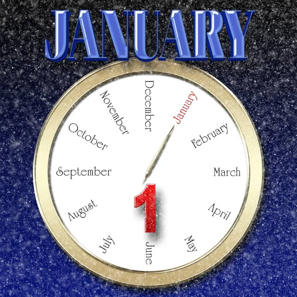 Stock Illustration - Red Bold 1 Blue Bold January, 3D Illustration, Night Snowing Background. — Stock Photo, Image