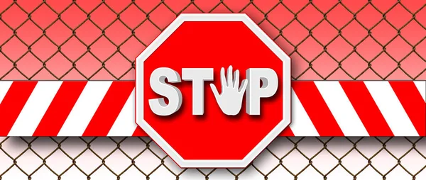 Illustration de stock - Panneau rouge stop, Texte blanc ARRÊT, Illustration 3D, Isolé contre le fond blanc clôturé . — Photo