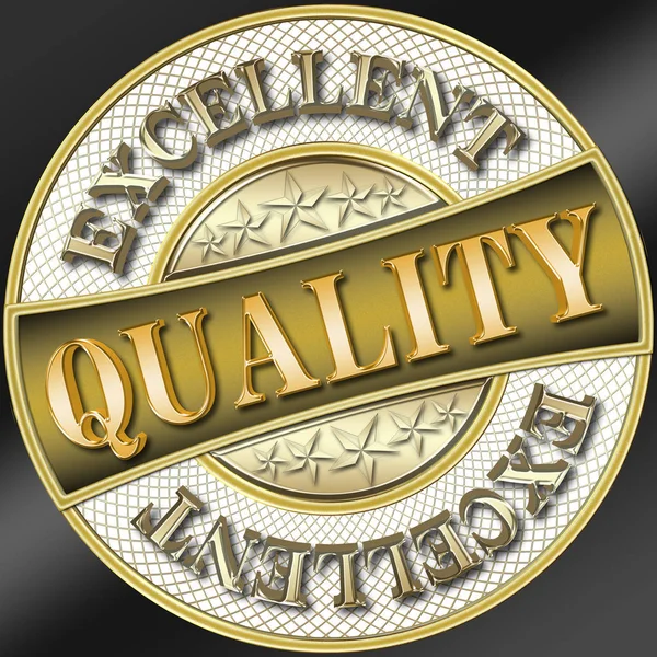 Aktienabbildung - hervorragende Qualität, goldene hervorragende metallgelbe Qualität, 3D-Abbildung, runde Form, schwarzer Hintergrund — Stockfoto