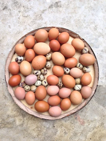 Ovos de galinha e ovos de codorna em placa de madeira no fundo de cimento — Fotografia de Stock