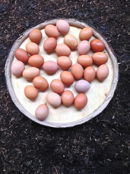 Ovos em placa de madeira em solo preto — Fotografia de Stock