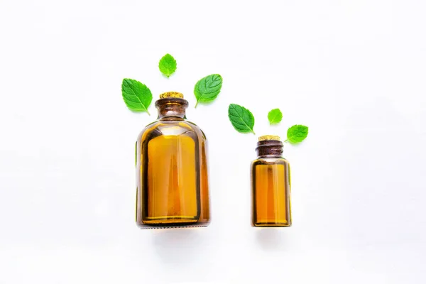 Natural Mint Essential Oil in a Glass Bottle with Fresh Mint Leaves on white over wooden background. — Stock Photo, Image