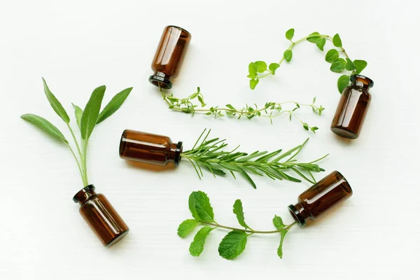 Top view, Bottle of essential oil with herbs  sage, rosemary, or — Stock Photo, Image