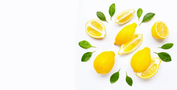 Fresh lemon and  slices with leaves isolated on white — Stock Photo, Image