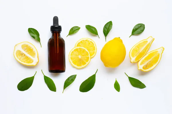 Essential Oil Fresh Lemon Green Leaves White Background — Stock Photo, Image