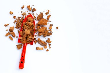 Hindistan cevizi kabuğunun saçı ve beyaz arka planda bahçe aletleri. Boşluğu kopyala