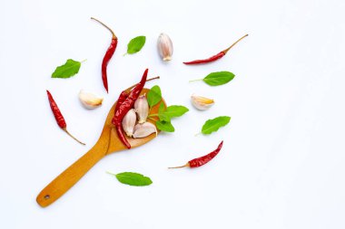 Bitki ve baharat içeriyor, kutsal fesleğen, acı biber ve sarımsak beyaz arka planda. Sağlıklı yeme kavramı