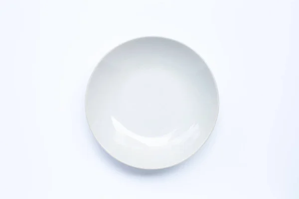 Piatto Vuoto Ceramica Bianca Sfondo Bianco Copia Spazio — Foto Stock