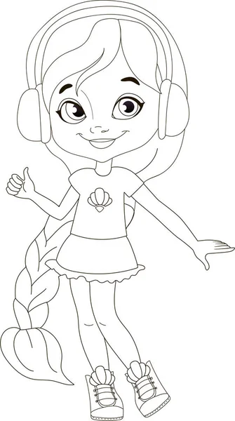 Gökkuşağı kulaklıklı güzel denizkızı müzik dinler. Sevimli ana hatlı vektör çizimi.