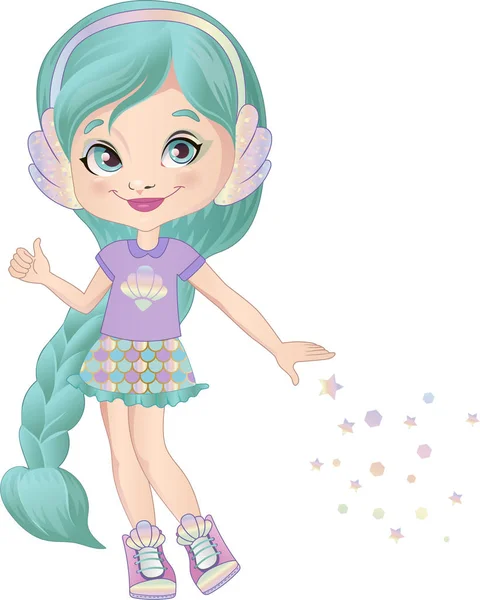 Gökkuşağı kulaklıklı güzel denizkızı müzik dinler. Şirin vektör illüstrasyonu.