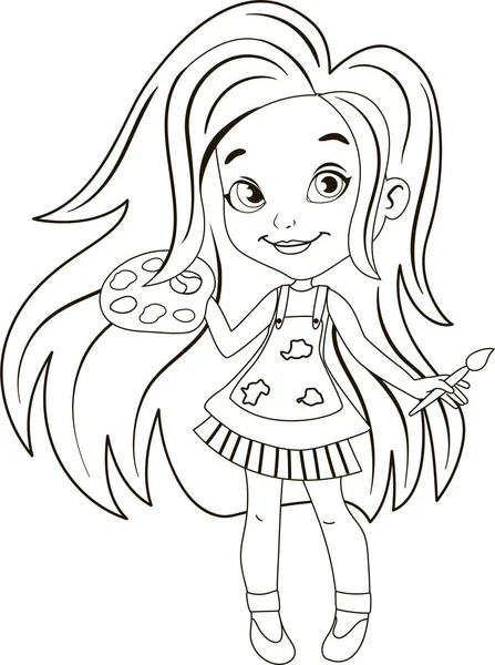 Vektör çizimi. Palet ve boya fırçasıyla resim yapan sevimli küçük sanatçı kız..