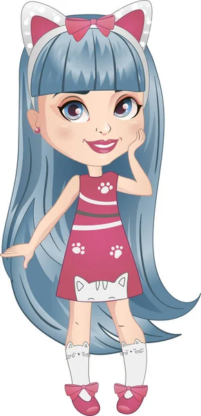 Kedi kulaklı sevimli kız karakteri. Mutlu kız-kedi. Vektör illüstrasyonu.