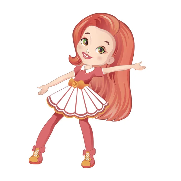 Kızıl saçlı güzel kız merhaba diyor. Çizgi film karakteri Vektör çizimi. Seninle tanıştığıma memnun oldum..