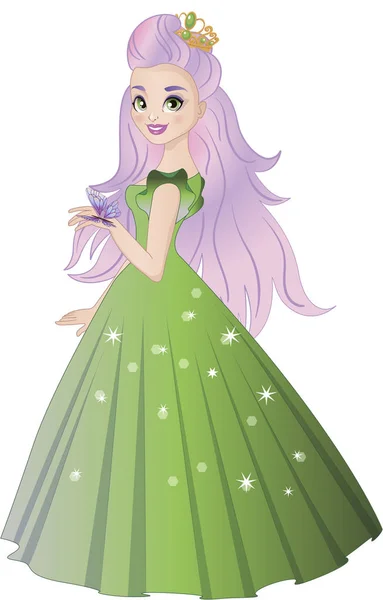 Kelebekli yeşil elbiseli güzel bir prenses tasviri.