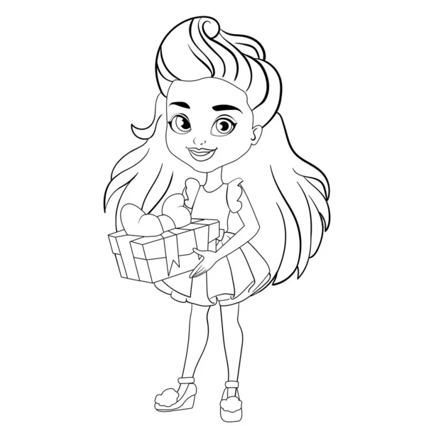 Yetenekli sevimli kız karakteri. Mutlu kız bir hediye verir. Vektör çizimi. Boyama kitabı.