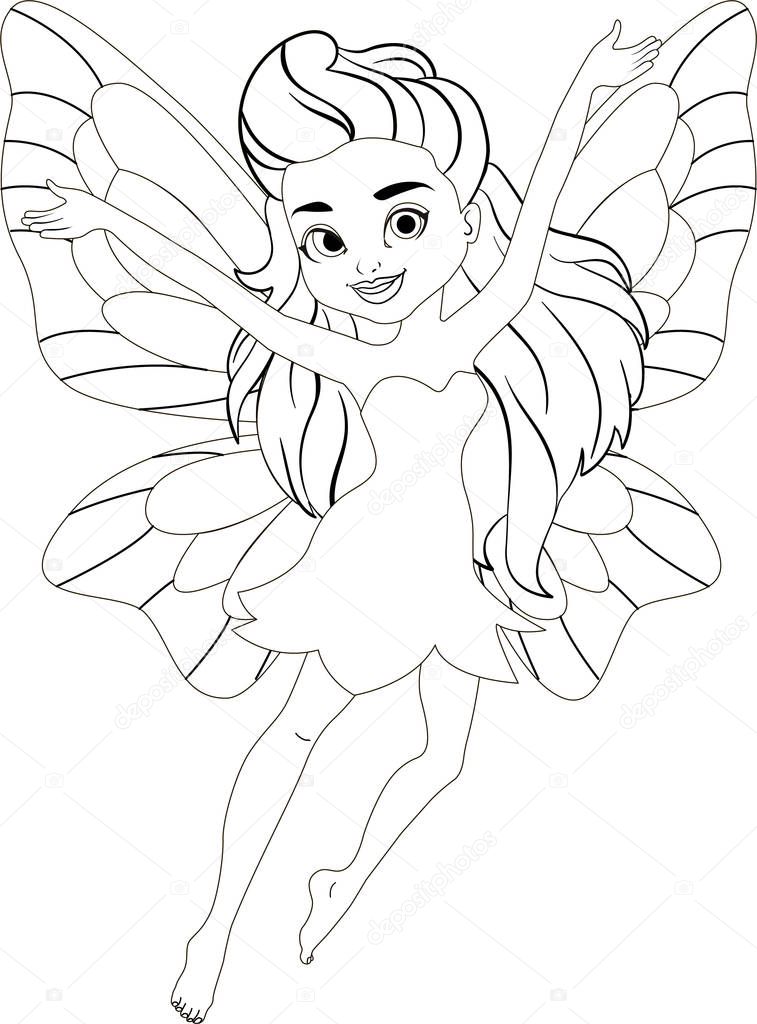 Illustration of a cute pink spring fairy in flight. Beautiful cartoon girl with wings.