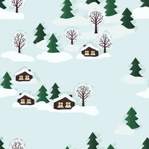 Winterlandschap Met Hutten Bomen Vector Achtergrond — Stockvector