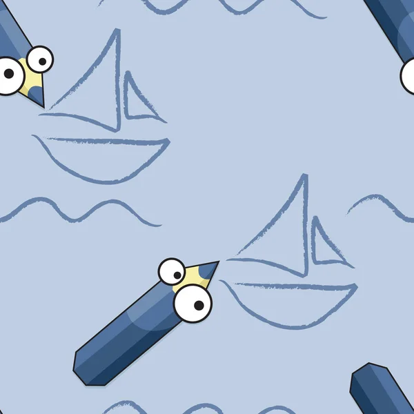 Blu Matita Disegno Barca Sfondo Vettoriale — Vettoriale Stock