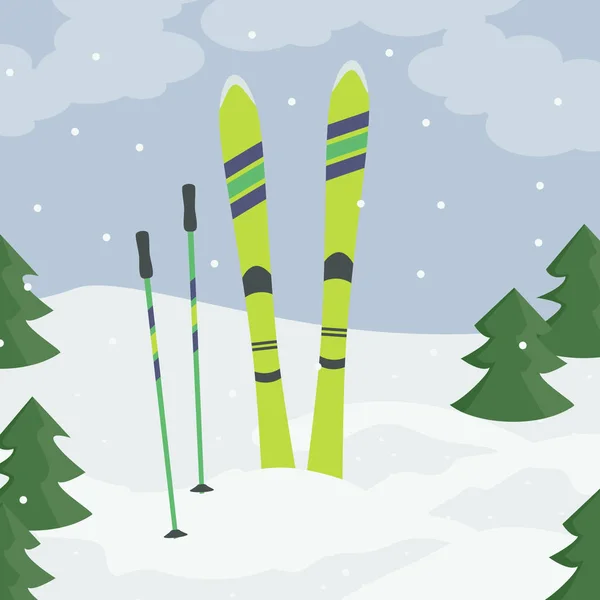 Světle Zelené Lyže Lyžařské Hůlky Vektorové Ilustrace — Stockový vektor
