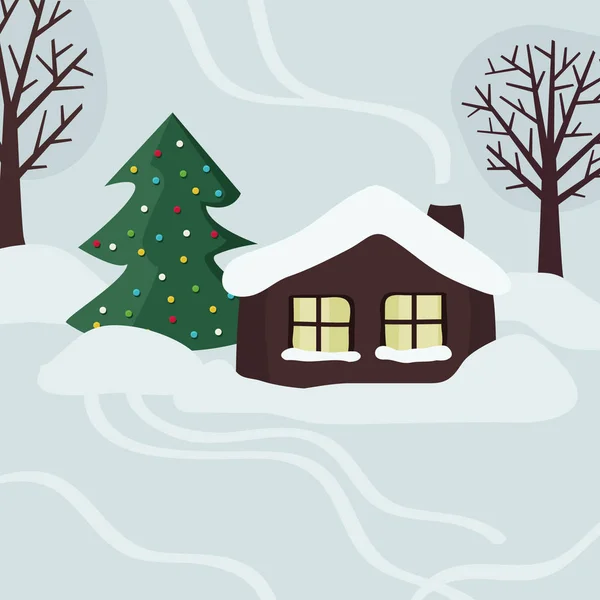 Paesaggio Innevato Con Cottage Albero Natale Illustrazione Vettoriale — Vettoriale Stock