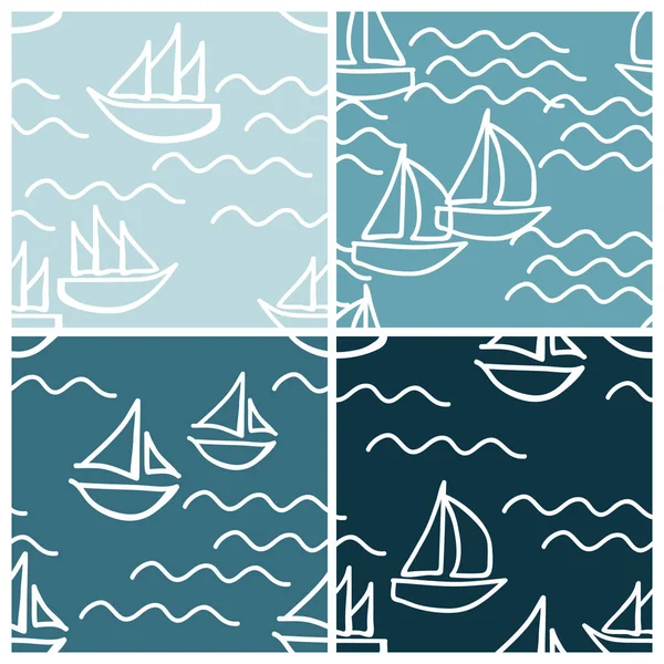 Set Boats Sea Waves Vector Backgrounds - Stok Vektor