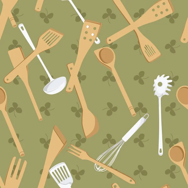 Fond Vert Décoré Avec Des Outils Cuisine — Image vectorielle