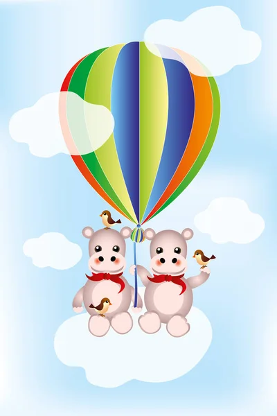 Hippos in the air with colorful hot air balloon and birds on clo — ストックベクタ