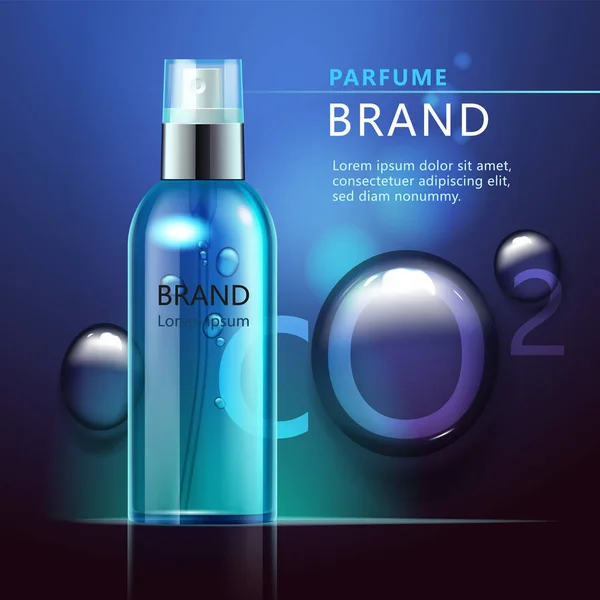 Pubblicità prodotti cosmetici, bottiglia trasparente con bolle d'aria e liquido blu su fondo blu scuro con gocce d'acqua — Vettoriale Stock