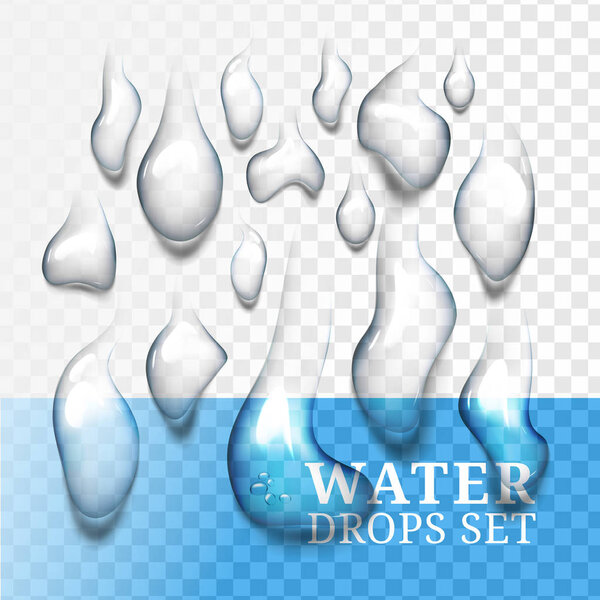 Реалистичные капли воды с собственной тенью, жидкость на голубом и прозрачном фоне с эффектом прозрачности
