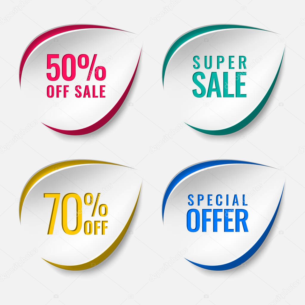 Realistic sale discount sticker, icon, label, layout with text in different colors. Cut out of paper, cardboard in the form of a drop, a leaf on a white background. Easy, convenient for your design.