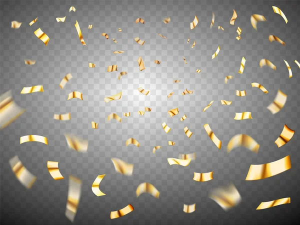 Explosão de Confetti em fundo transparente. Ouro metal realista confete disperso. Muitas peças de confete minúsculas caindo, fundo de celebração com confete — Vetor de Stock