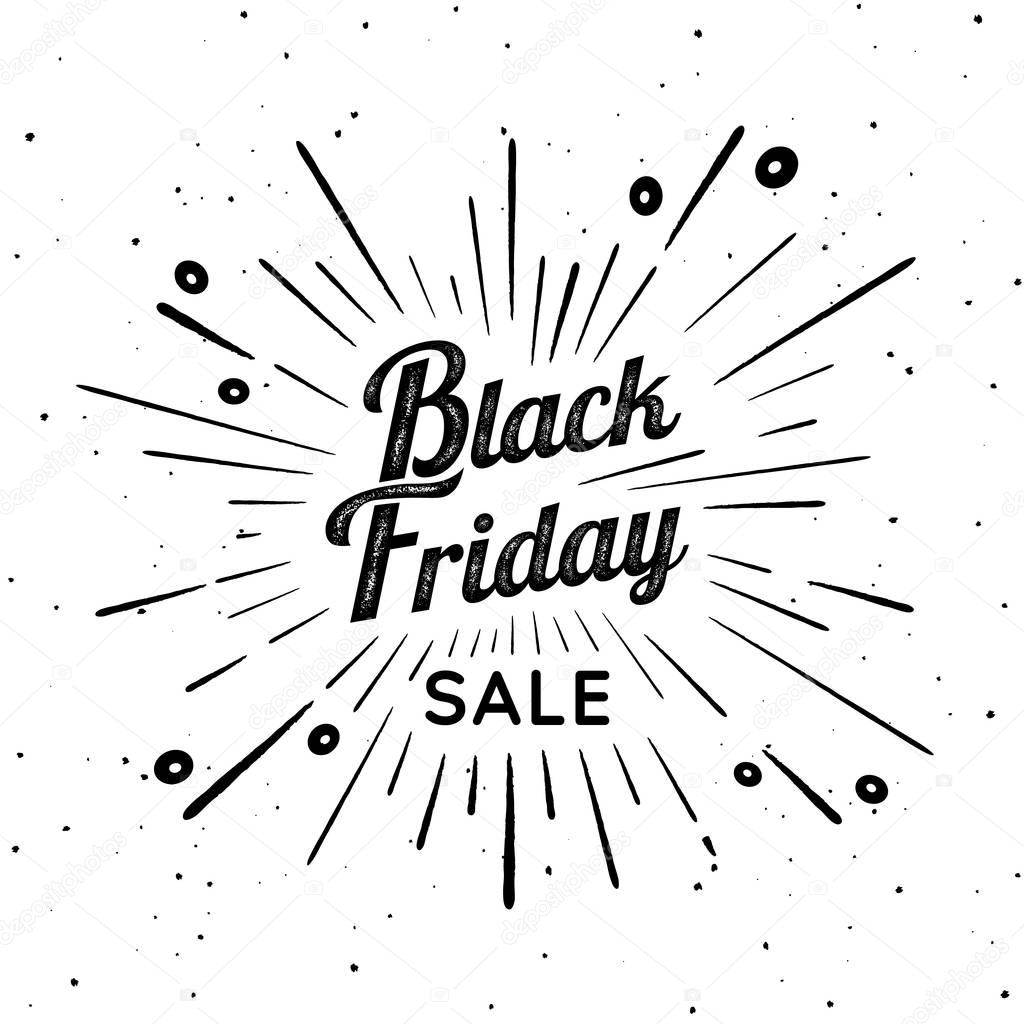 Black Friday vector vintage illustration. Sign with firework explosion. Stamp textured label with light rays and the percent sign. Black Friday ornament. Bursting star shape. Decoration element