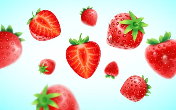 Set de fraises, fraises fraîches mûres réalistes détaillées à moitié et feuilles vertes avec gouttelettes d'eau isolées sur un fond bleu, illustration 3D — Image vectorielle