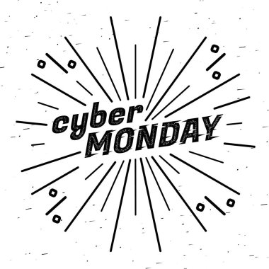 Cyber Pazartesi Satılık etiket. Şablon tasarım web banner cyber Pazartesi teklif için. Promosyon tasarım aksaklık, geometrik parçacık ve ışınları ile retro tarzı