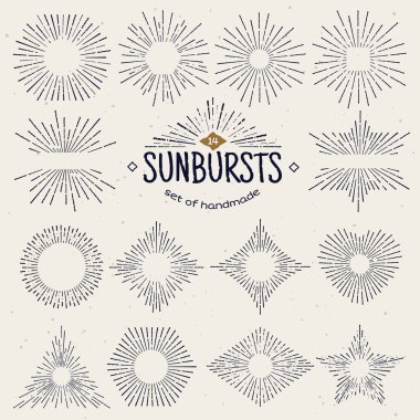 Geometrik elle çizilmiş sunburst, farklı şekillerde güneş ışınları. Çizgiler, doğrusal güneş ışığı dalgalar şeklinde ışınları ile parlayan yıldızı. Yaz ve günbatımı, gün doğumu ve Radyal fireworks sembol. Vintage tarzı