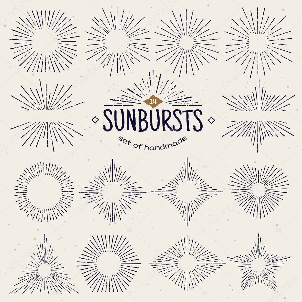 Geometric hand drawn sunburst, sun beams in different forms. Star shining with rays in form of lines, linear sunlight waves. Summer and sunset, sunrise and radial fireworks symbol. Vintage style