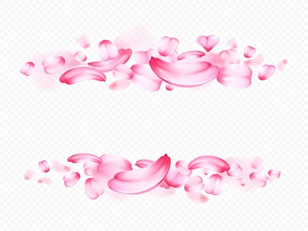 Pétalos rosados de sakura o rosa aislados sobre fondo transparente. Froral realista composición detallada en forma de marco. Vector romántico 3d ilustración. Decoración para el Día de San Valentín, 8 de marzo — Archivo Imágenes Vectoriales