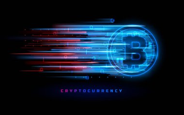 Cryptocurrency kavramı. Vektör teknolojisi çizim. Neon hatları, geometrik figürler ile Neon ışık işareti ile. Fütüristik etiket tasarımı. Aydınlık cyber hologram. Sci fi dijital futuristik Tema