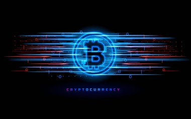 Cryptocurrency kavramı. Vektör teknolojisi çizim. Neon hatları, geometrik figürler ile Neon ışık işareti ile. Fütüristik etiket tasarımı. Aydınlık cyber hologram. Sci fi dijital futuristik Tema
