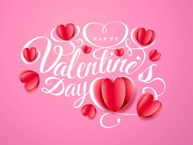 Mutlu Sevgililer günü. Yazı tipi kompozisyon kağıt kırmızı Kalpler, pembe arka plan izole ile. Güzel tatil romantik illüstrasyon vektör. Kağıt el sanatları tarzı. Duvar kağıdı, el ilanı, davet, poster, afiş
