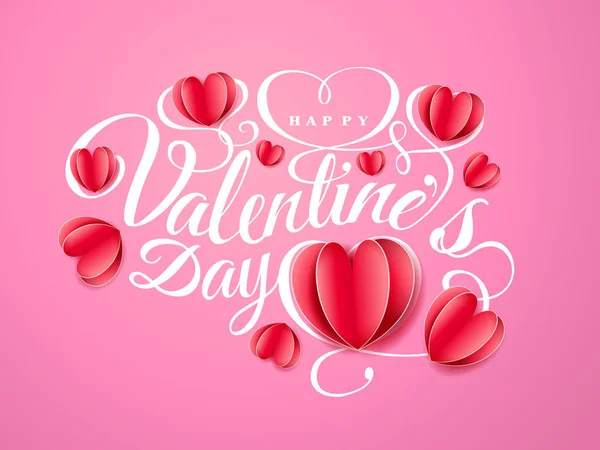Boldog Valentin nap s. Betűtípus összetétele a papír piros szív elszigetelt rózsaszín háttér. Szép ünnep romantikus illusztráció vektor. Papír kézműves stílusban. Tapéta, szórólap, meghívó, plakát, banner — Stock Vector