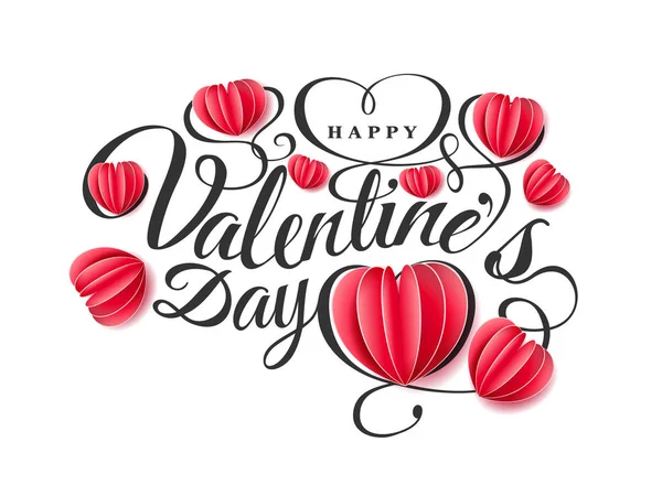 Boldog Valentin nap s. Betűtípus összetétele a papír piros szív elszigetelt rózsaszín háttér. Szép ünnep romantikus illusztráció vektor. Papír kézműves stílusban. Tapéta, szórólap, meghívó, plakát, banner — Stock Vector